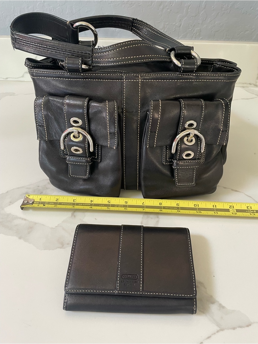 Coach Black Leather Satchel with Dual Buckle Front Pockets